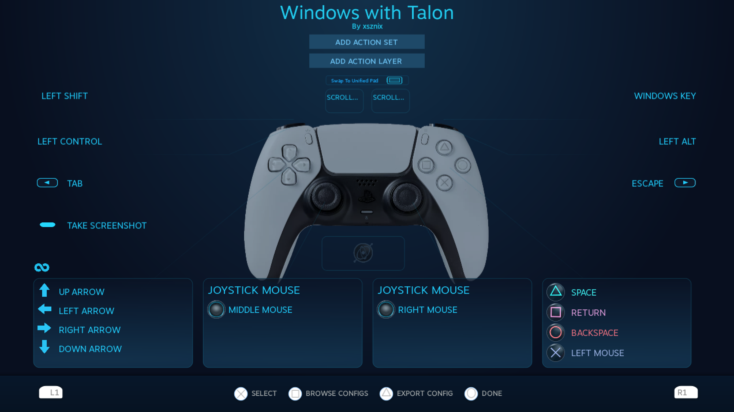 A screenshot of the Steam controller configuration tool, showing a PS5 controller config titled “Windows with Talon.” Shift, control, alt, and super are mapped to the left and right toggles and buttons. The left directional pad maps the arrow keys. The right button pad maps space, enter, backspace, and left click. Both joysticks are mapped to joystick mouse, and pressing the left joystick triggers middle click whereas pressing the right joystick triggers right click. The share button is tab, and the options button is escape. Touchpad is mapped to scroll wheel.